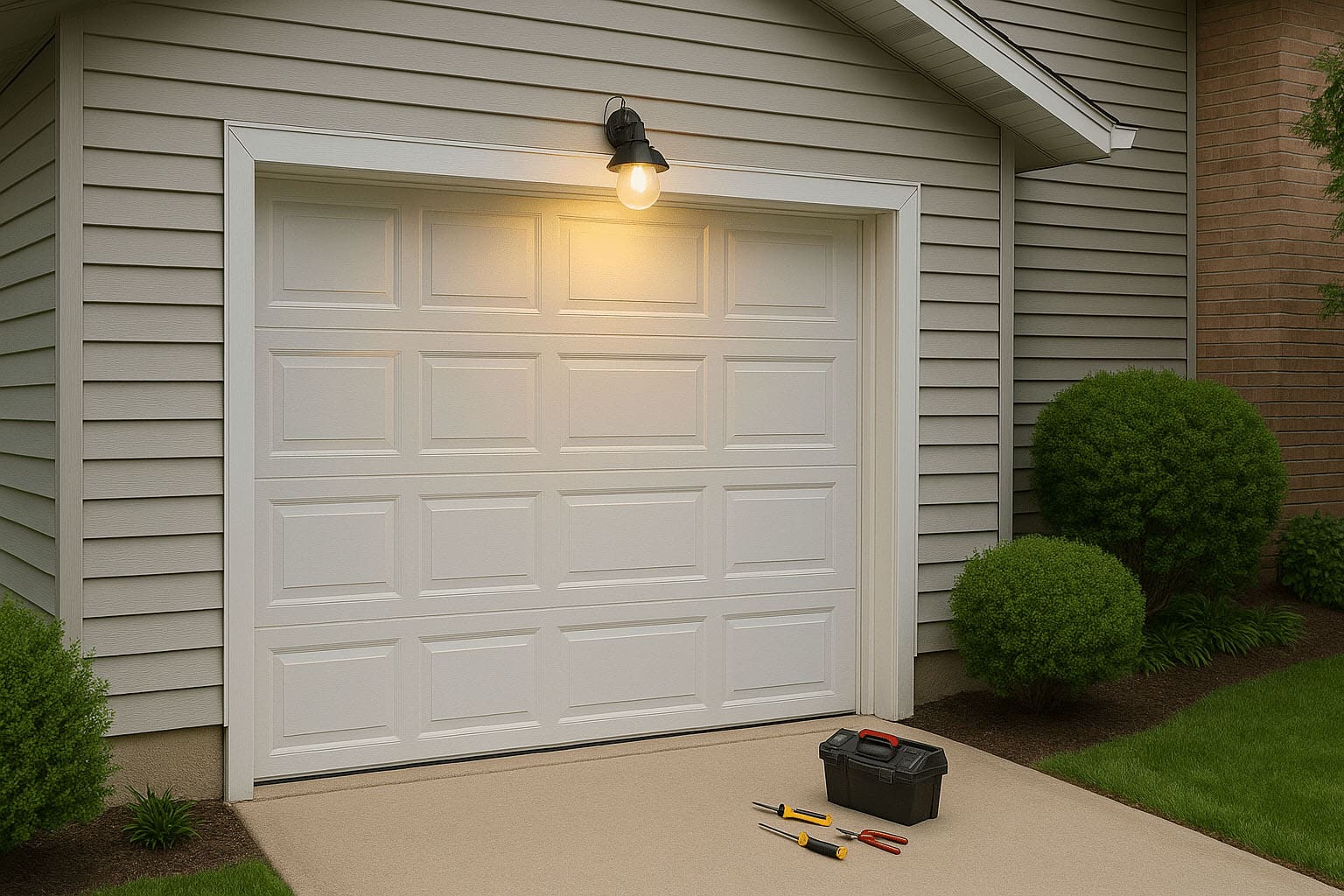 Garage-Door-Light-Installation optimized A closed white garage door with a lit exterior lamp above it, suggesting recent garage door light installation. On the driveway are a black toolbox, screwdriver, wrench, and pliers. Shrubs and green plants border the garage.
