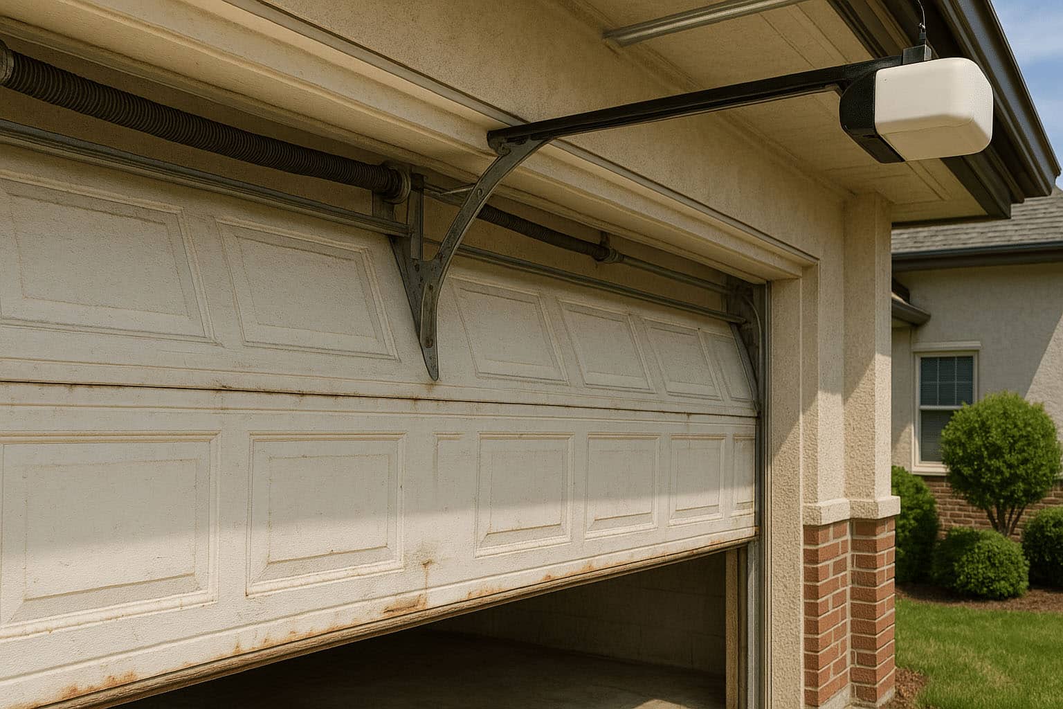 A partially open white garage door attached to a cream-colored house with brick accents, showing the garage door maintenance mechanism and some greenery in the background.